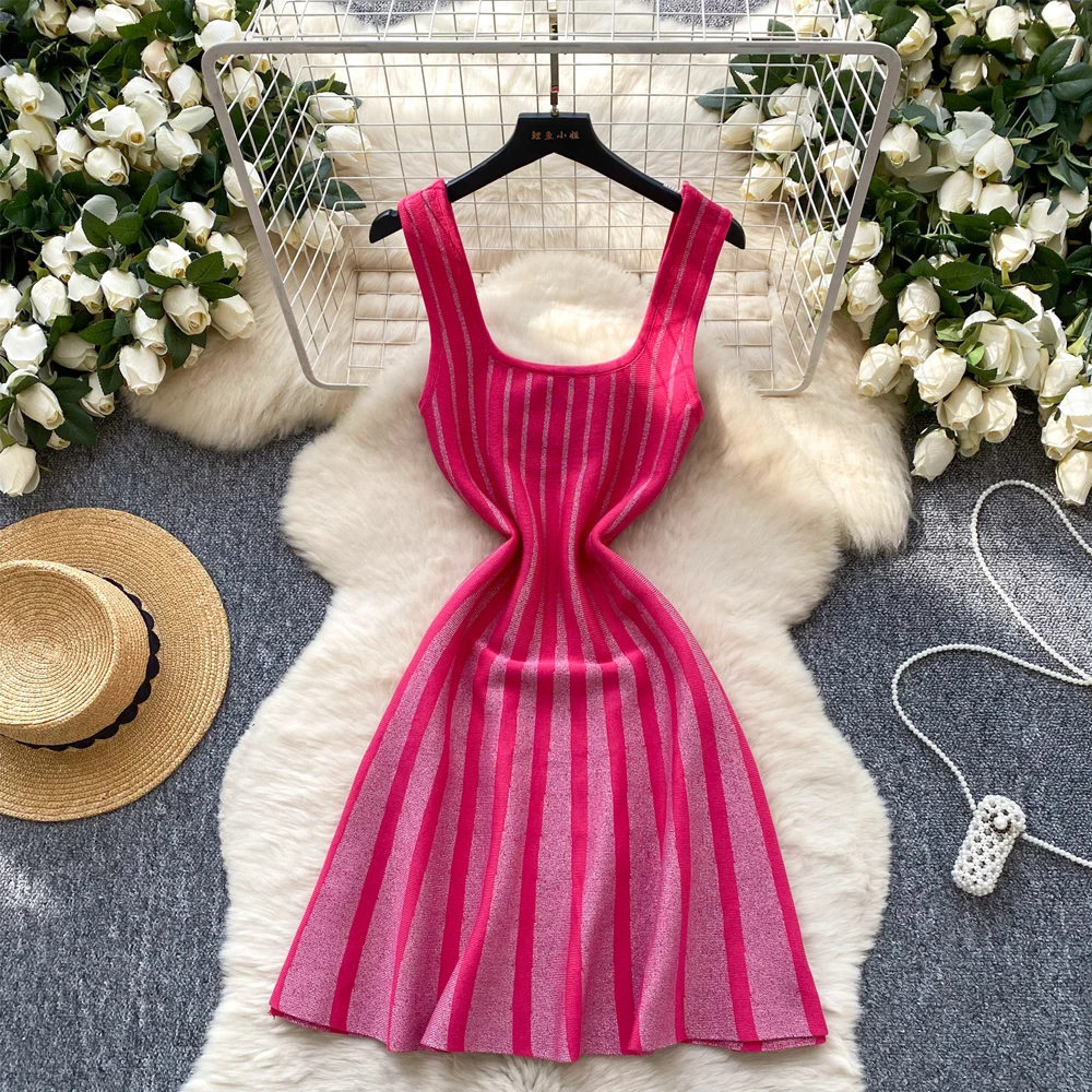 YuooMuoo Marke Mode A-linie Kurze Gestrickte Kleid Frauen Y2K Schlanke Taille Bling Bling Party Kleid Koreanische Ästhetischen Sommer Kleider