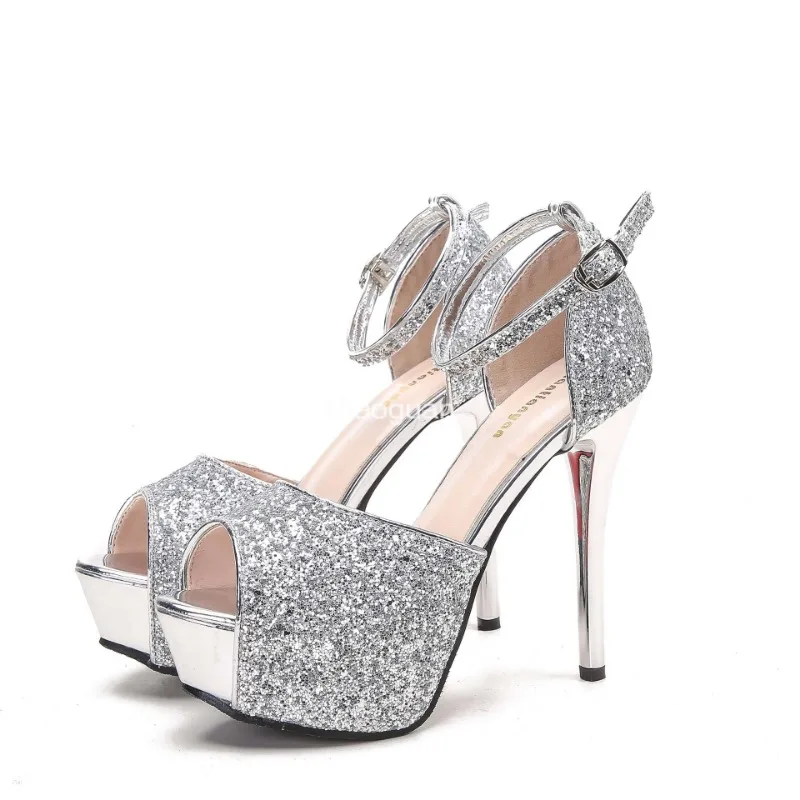Summer New Peep Toe Shiny Sequins High Heels Women\'s Platform Sandals Party Dress Wedding Pumps Ladies Shoes Gold Zapatos Mujer