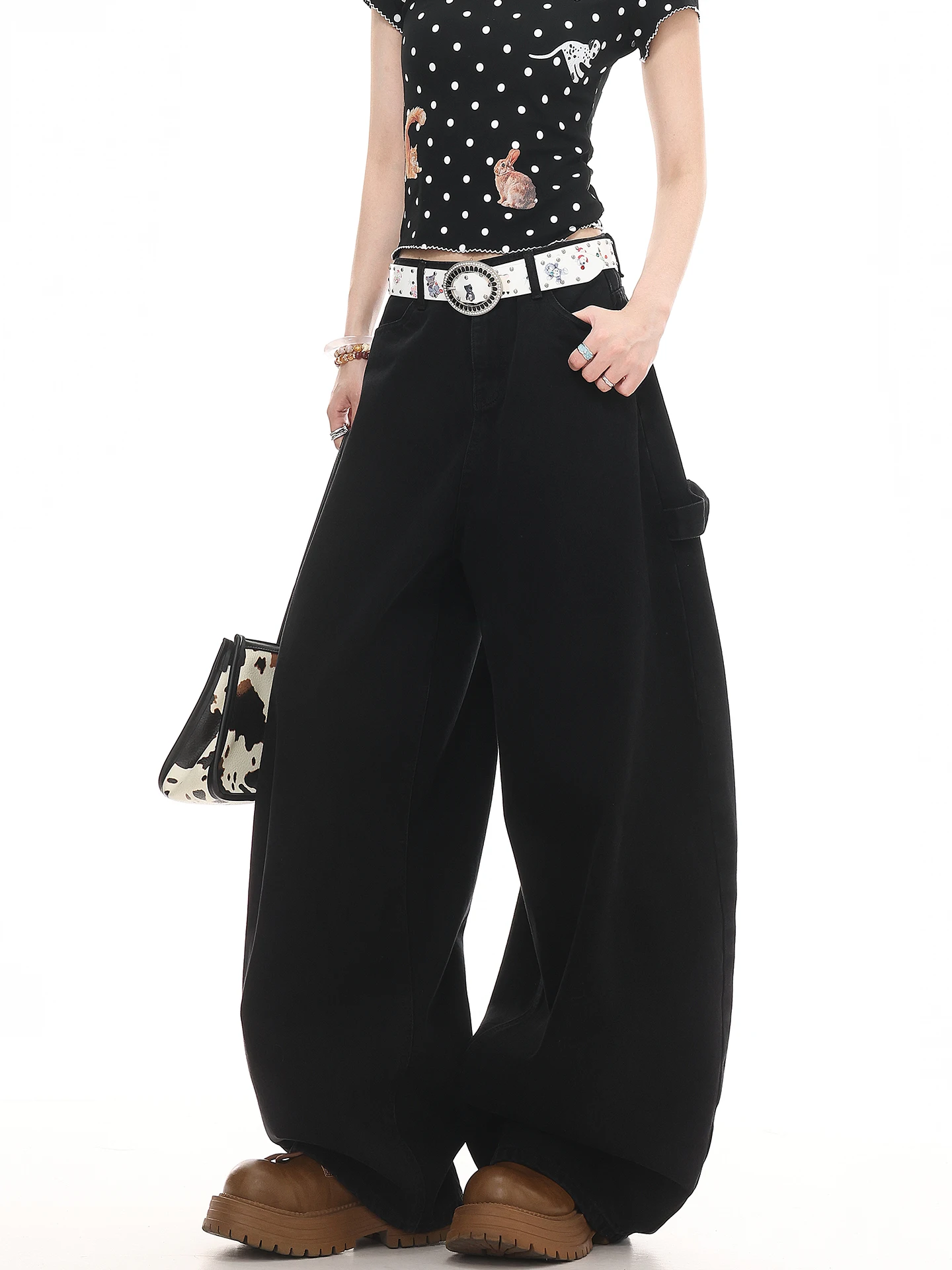 

Женские джинсы-клеш в американском стиле High Street, свободные, широкие, в пол, винтажные, с эффектом потертости, с естественной линией талии