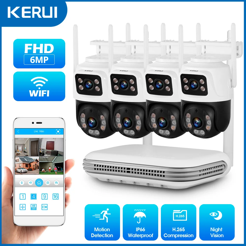 KERUI 6MP Full HD 8CH Wireless NVR Security WIFI IP Dual Lens Camera System Kit Outdoor Surveillance CCTV Audio Video Recorder