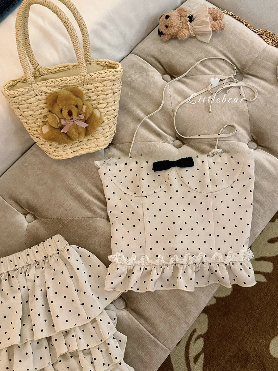 

Original Design Sweet Cool Knot Lace Silver ey Polka Dot Satin Ne Hanging Strap Cake Skirt Women's Vest Strap