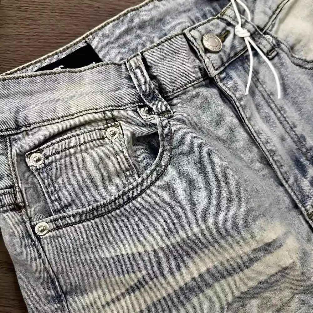 Man Jeans Designer Menswear Clothing Luxury Washed Light Blue Cat Whisker Slim Elastic Jeans Men's Thin Straight Scimitar Pants