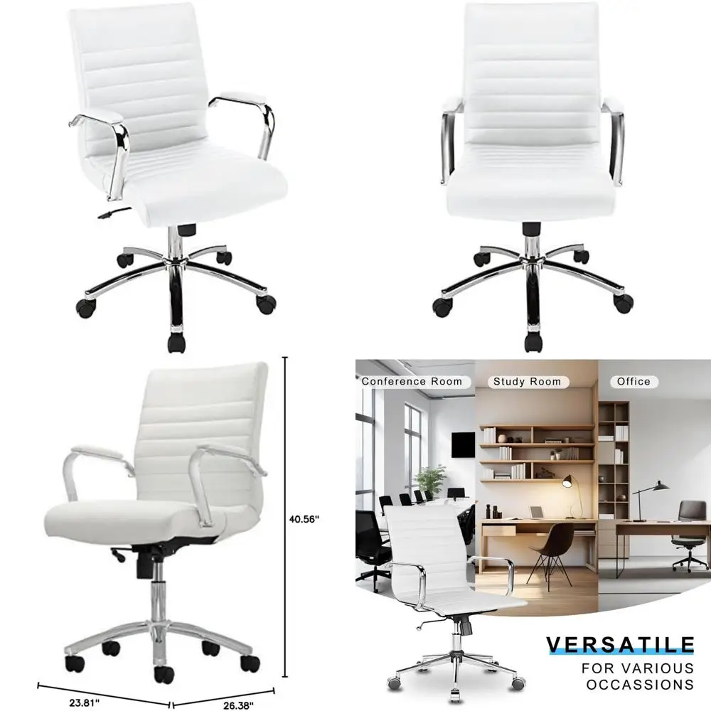 Silla Winsley de cuero con respaldo medio - Realspace Silla de oficina de cuero blanco y acero con dimensiones 9/16 alto x 23-13/16 ancho x 26-3/8 D