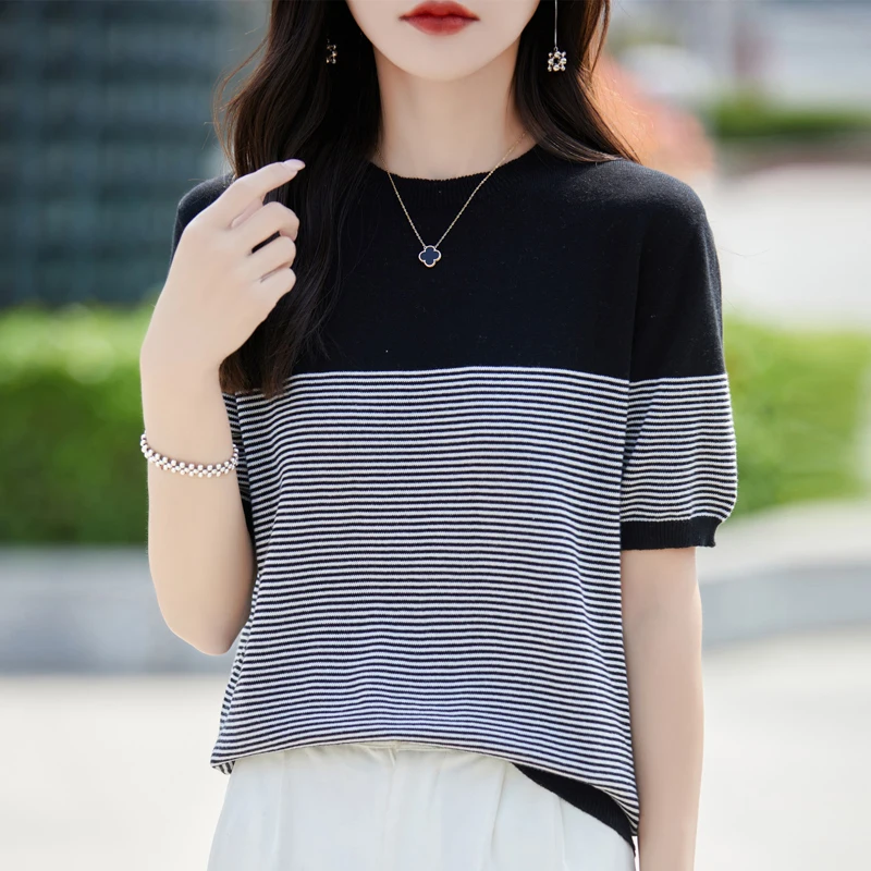 Women's T-shirt Summer New 100% Cotton T-shirt Casual Color Block Knitted Short sleeved O-neck Pullover Loose Top Fashion Sweate