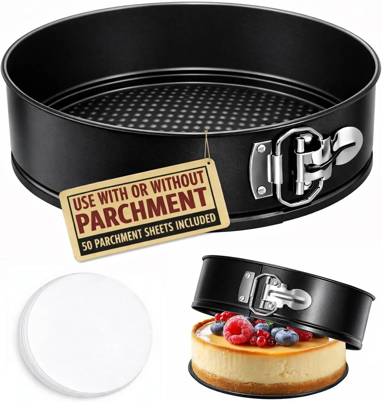 

Tellshun 9 Inch Springform Pan Tin with 50pcs Parchment Paper Cheesecakes Baking Mold Round Leakproof Nonstick Removable Bottom Bakeware for Pie Cake Pizza and Quiches