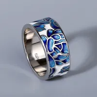 New Ladies Classic Epoxy Enamel Blue Flower Ladies Ring 925 Silver Ladies Jewelry Wedding Ring Bridal Jewelry Wide Silver Ring