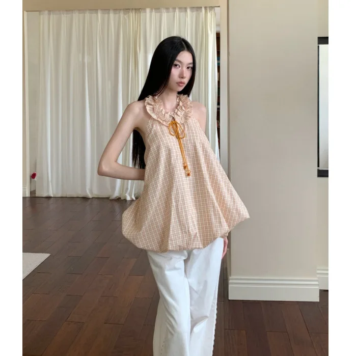 

Retro Fine Plaid Ruffled Collar Off-shoulder Halter Tops For Women Summer Backless Puffed Fluffy Chic Bud Hem Sleeveless Blouse