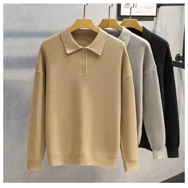 2024 new winter men's polo collar sweater simple solid color half zip knitted pullover business casual lapel knitted sweater men