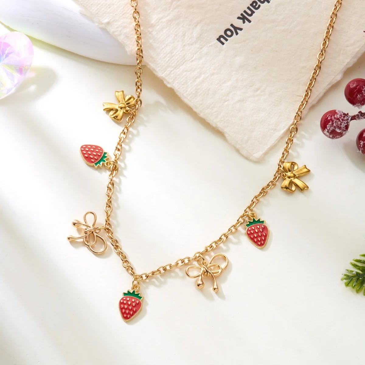 Reisperlen-Erdbeer-Anhänger-Halskette für Damen und Herren, süße, niedliche Kirsch-Herz-Schleifen-Quasten-Halskette, Y2K-Sommer-Modeschmuck – Detail 26