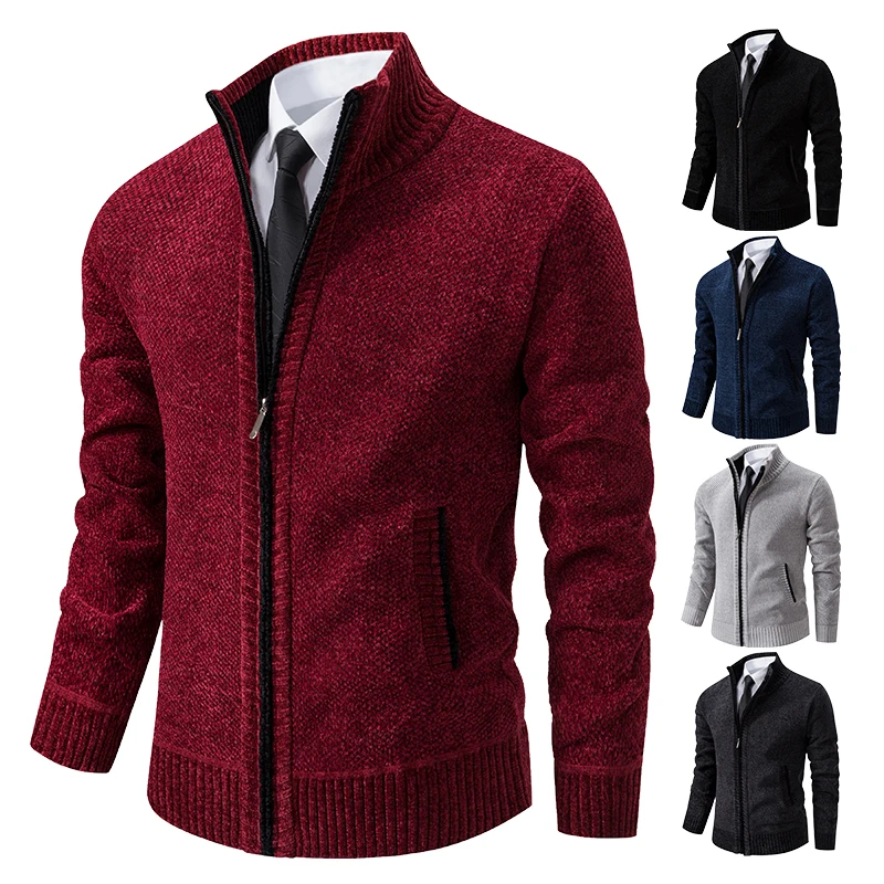 Autumn and winter new cardigan sweater men\'s stand-up collar sweater chenille sweater coat men\'s wear