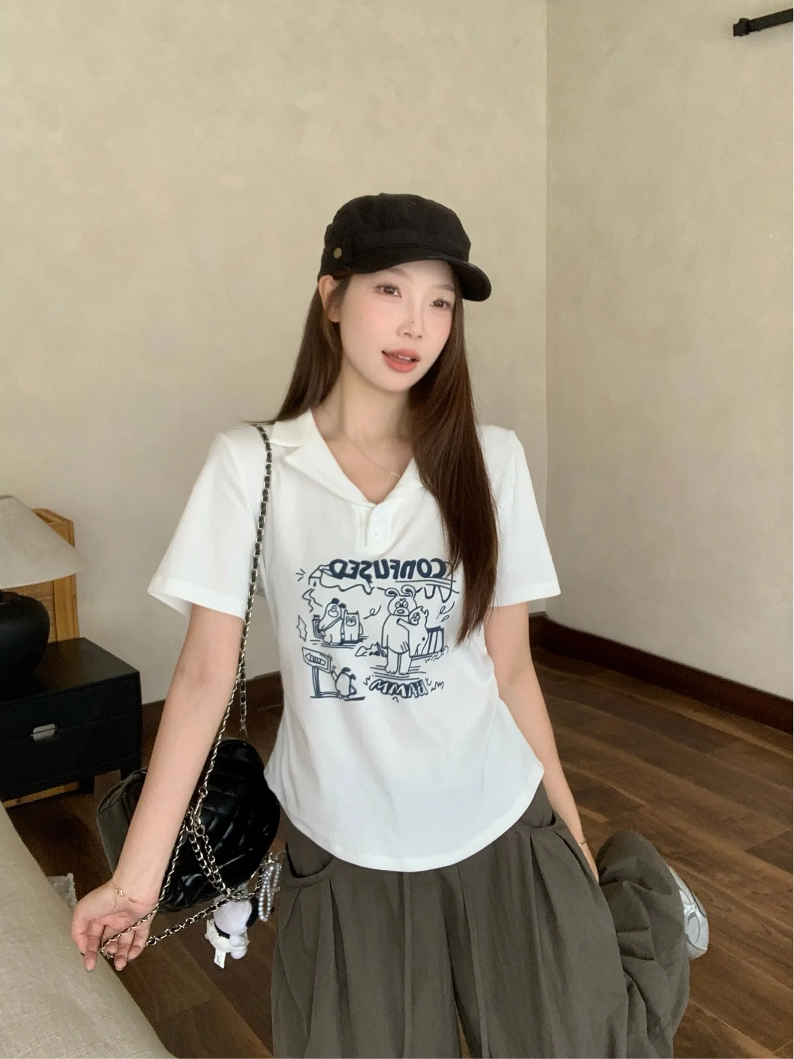 

plus Size Women's Lazy Style Neck Print Short Sleeve T-Shirt Summer Slimming Casual Top Trendy High Waist Cotton Blend