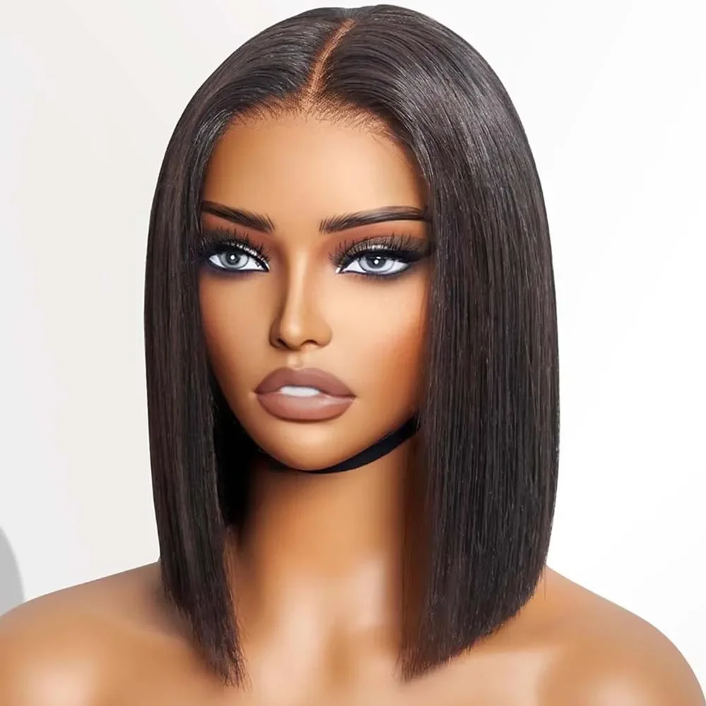 Perruque courte droite sans colle 100% cheveux humains brésiliens Bob pré-cueillies pré-décoriés sans colle prêt à porter perruques 200% densité