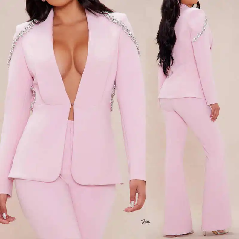 

Комплект из 2 предметов: женский модный брючный костюм конфетных цветов с индивидуальной вышивкой кристаллами, приталенный, для вечеринок, выпускных и торжественных мероприятий