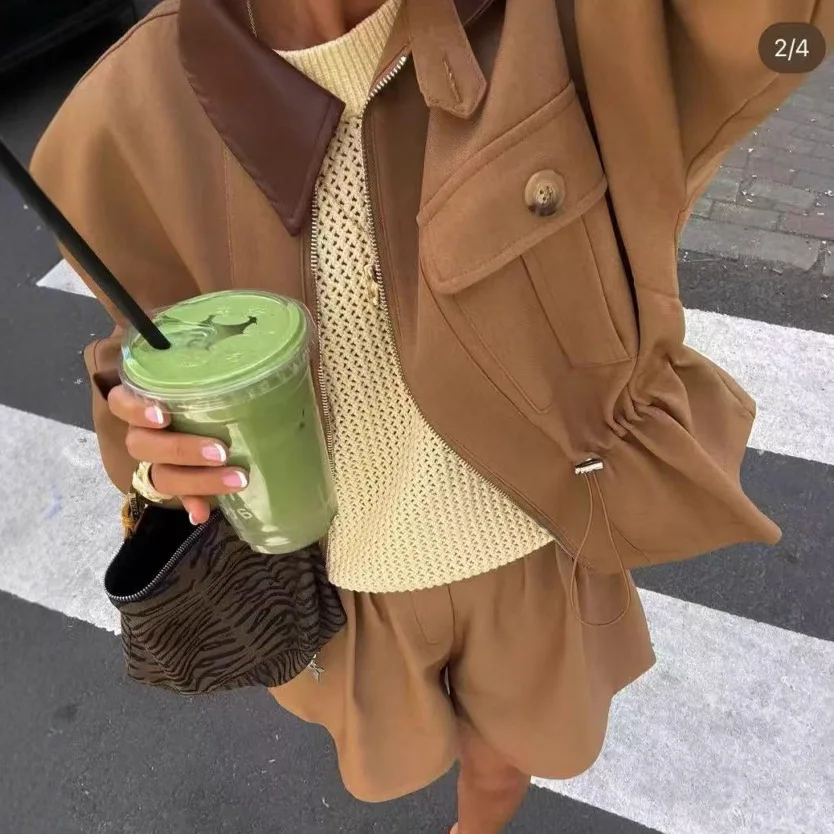 

Autumn 2 Pieces Women Long Sleeve Jacket Elastic Waist Wide Leg Shorts Suits Streetwear Women Outfits Outerwear