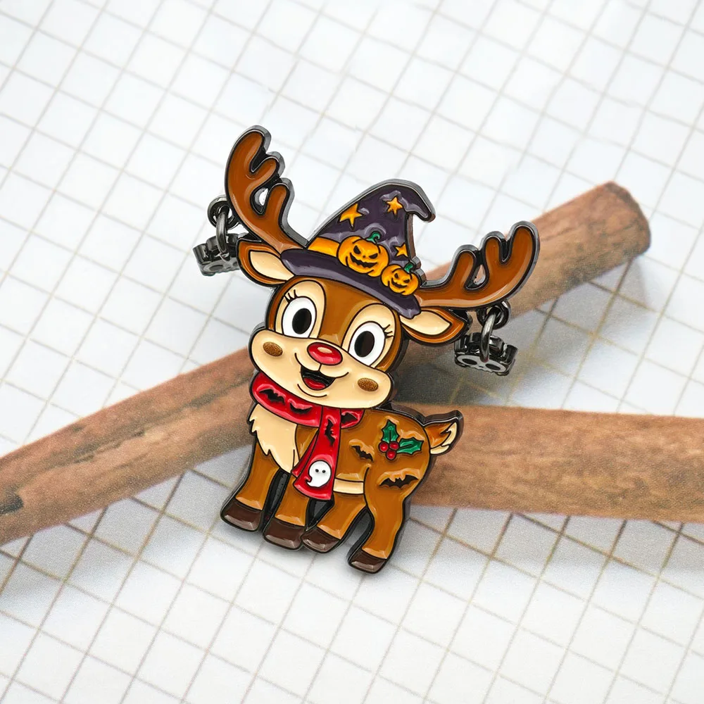 Halloween-Totenkopf-Brosche, Niedliche Rentier-Emaille-Anstecknadel, Hexen-Kürbis-Hut-Reversnadel, Gruselige Kawaii-Weihnachtsschmuck-Geschenke – Detail 5