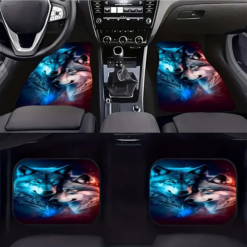 

4-Piece Set Cool Wolf Print Vehicle Floor Mats, Polyester Fiber Interior Accessories With Non-Slip Backing For Auto Front And Re