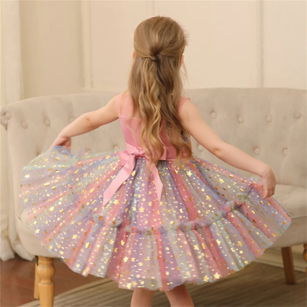 0-6 Years Baby Girl Sleeveless Colorful Mesh Dresses Kids Girl Purple Gown For Birthday Ceremony Party Children Bowknot Dress