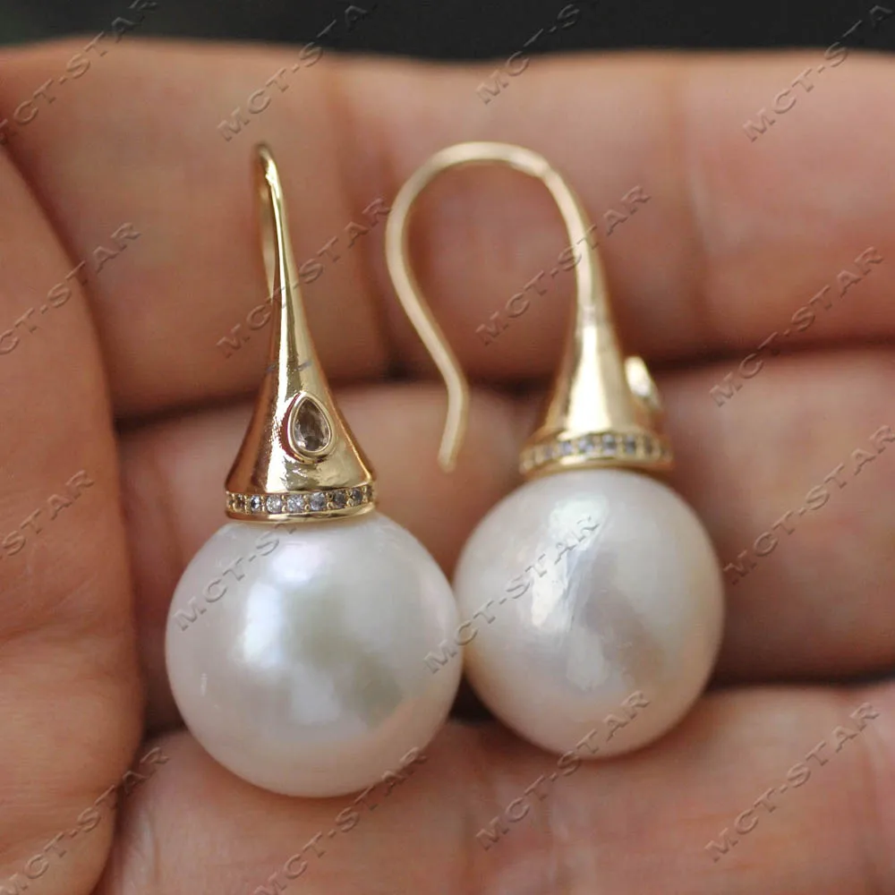 Z14713 16mm Tapered Cone CZ Accent Almost Round White Edison Pearl Dangle Earrings For Women