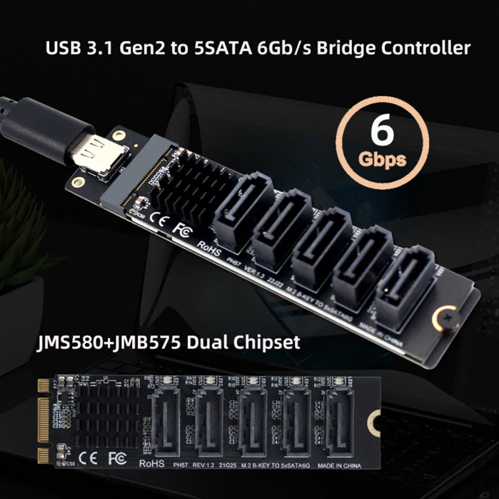 10Gbps USB-C Type-C to NGFF Key B+M SATA 6Gbps 5 Ports Adapter Converter PM Port Multiplier Selector JMB575 JMS580