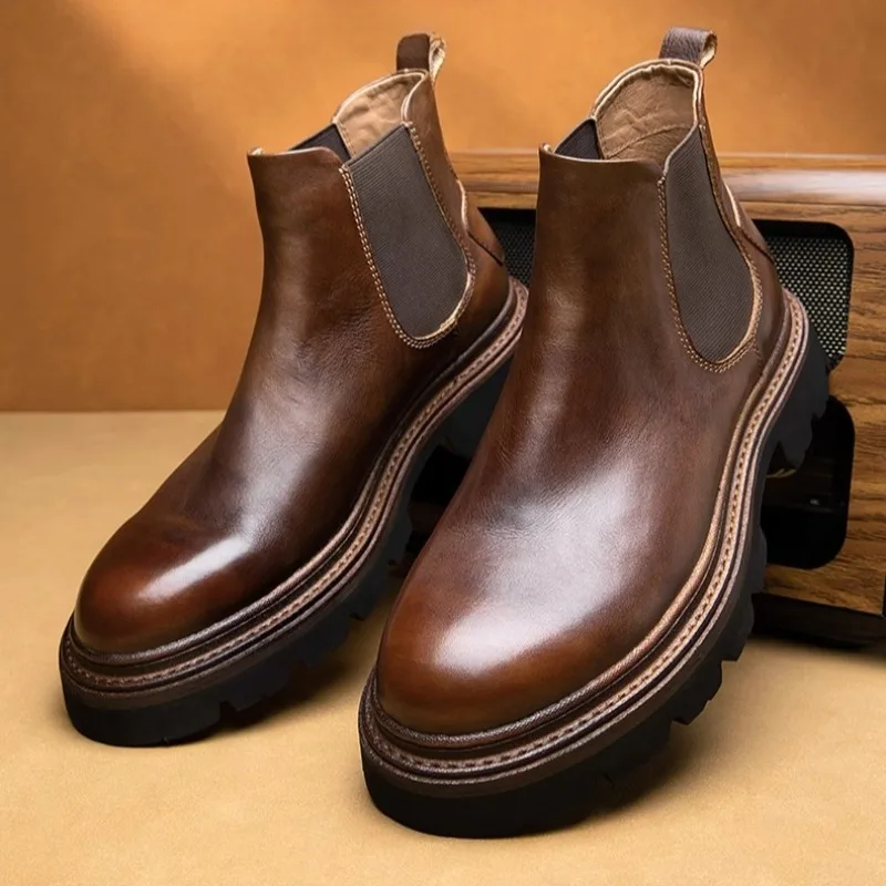 

Casual Thick Soled Chelsea Boots Men's Shoes High Top Genuine Leather British Retro Handmade Cowhide Outdoor Work Ankle Boots
