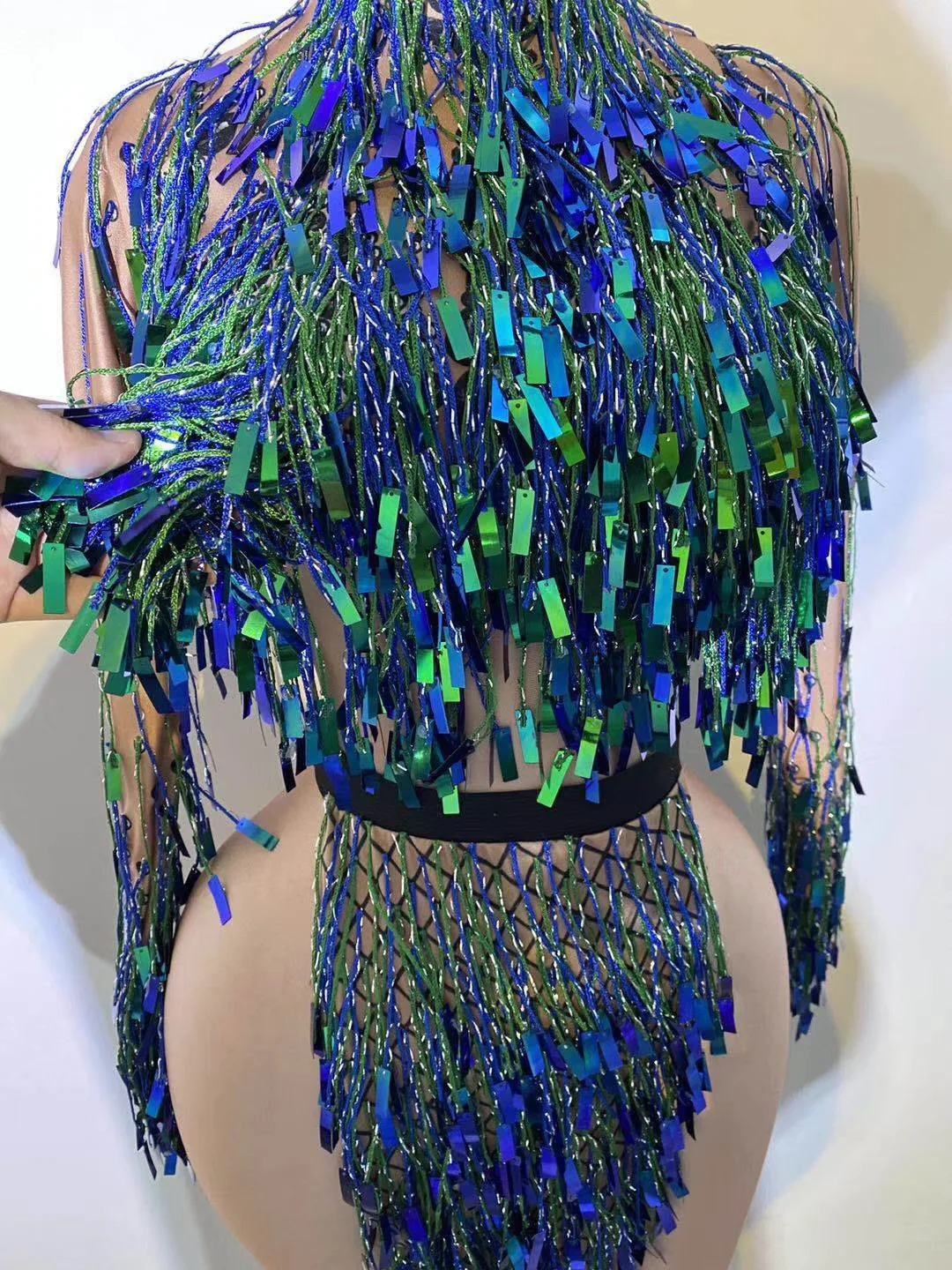 Prata e azul brilhando lantejoulas tassel malha sexy vestido para as mulheres de salão de dança roupas discoteca bar vestir trajes palco