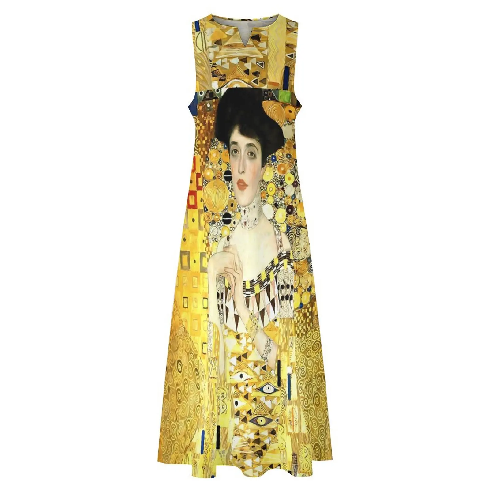 Vestido de pintura a óleo a mulher em ouro na moda maxi vestido moda boho praia vestidos longos verão com decote em v roupas personalizadas tamanho grande