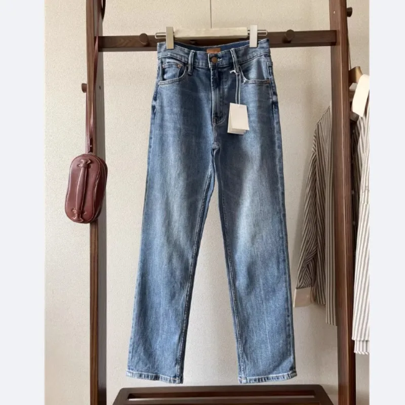 Early Spring High Waist Slightly Stretch Light Blue Straight Jeans for Women