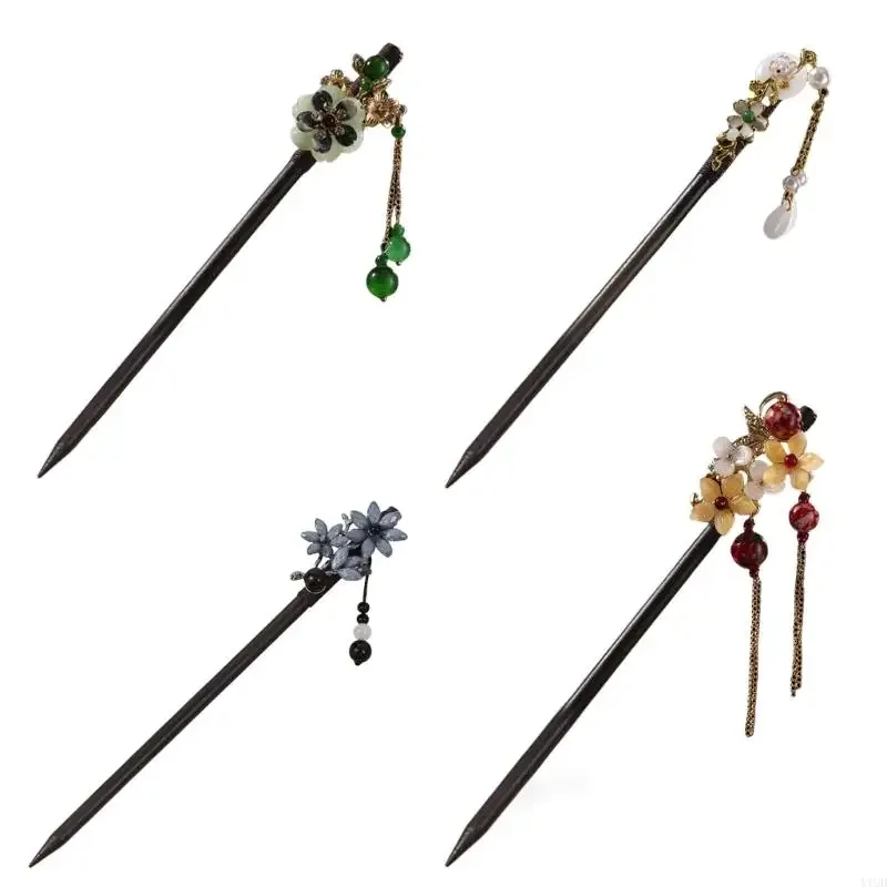

4Pcs Chinese Hairpins For Women With Tassels And Flowers Wooden Hair Sticks