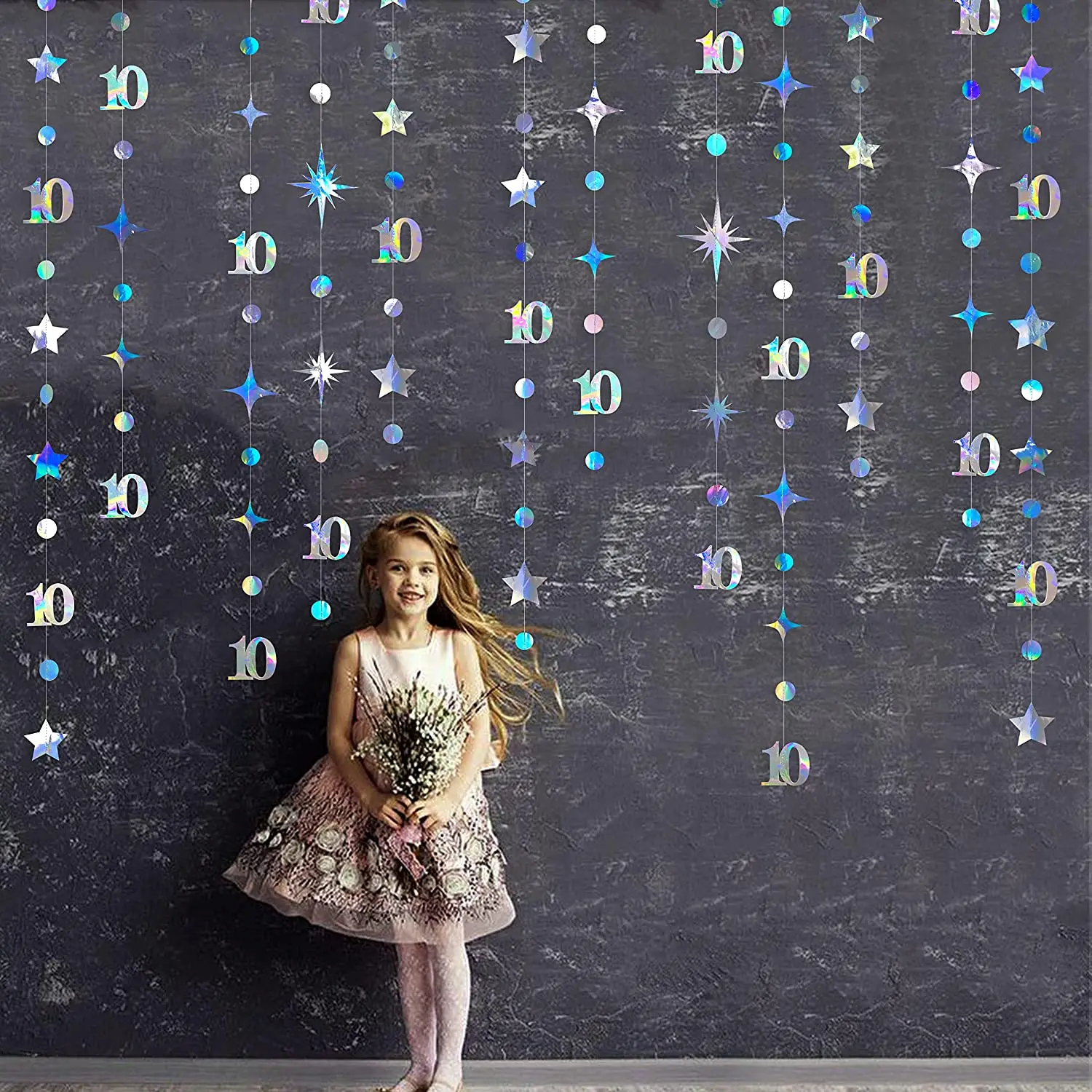 13Ft Iridescent 10th 13th Happy Birthday Decorations Number 10 Circle Dot Twinkle Star Garland Hanging Streamer 10th anniversary