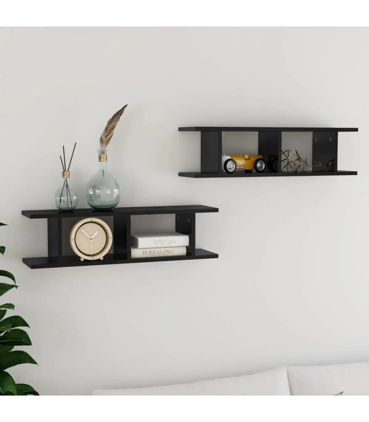 2 Pcts gloss black chipboard shelves wall shelves 78x18x20 cm