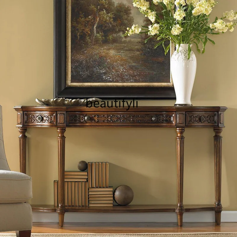 

French Style Solid Wood Entryway Console Table Hallway Wall-Mounted Decorative Cabinet Ultra-Narrow Sideboard American Retro