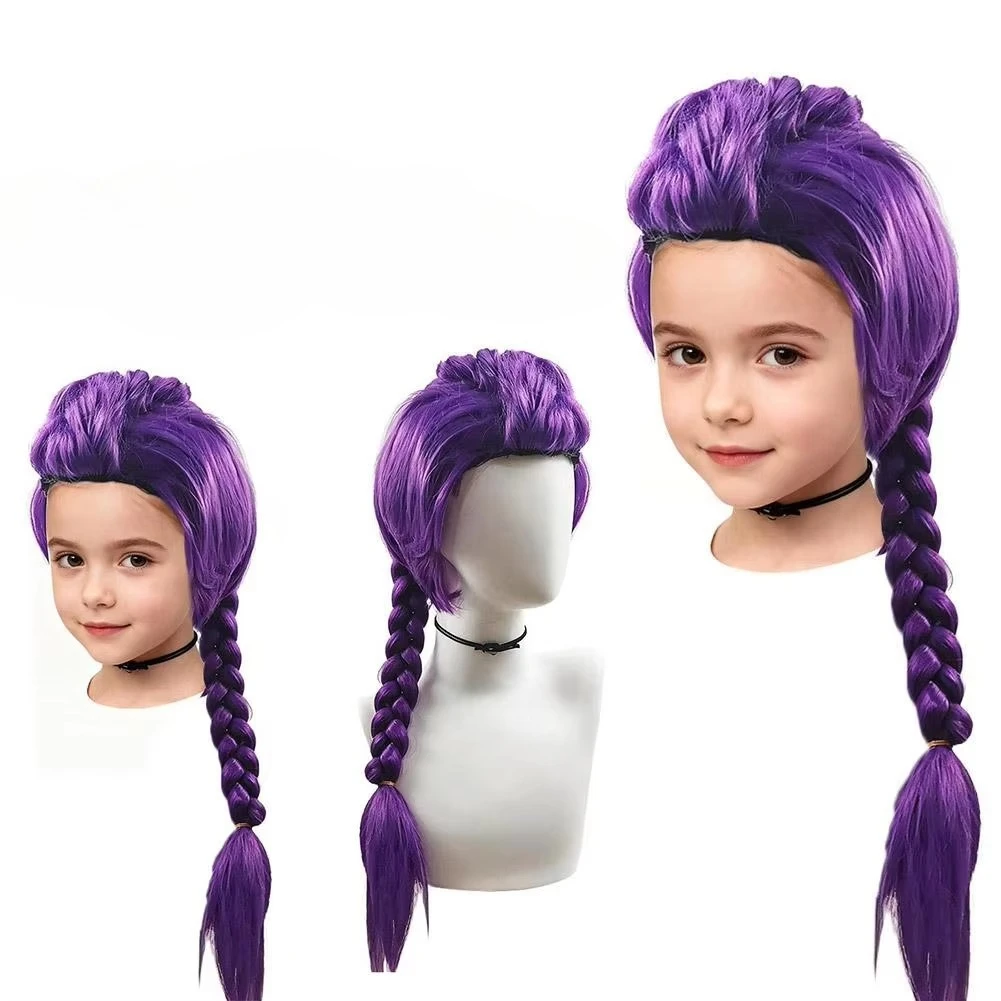 Cosplay Wig Long Straight Braided Ponytail Heat Resistant Fiber Kpop Anime Wig for Kids Halloween Party Roleplay
