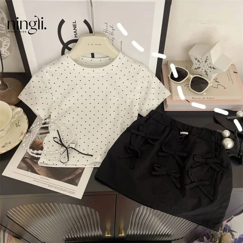 Girls Summer 2024 New Korean Style Fashionable T-shirt Fashionable Half Skirt Cute Gentle Sweet Two Piece Set Trendy