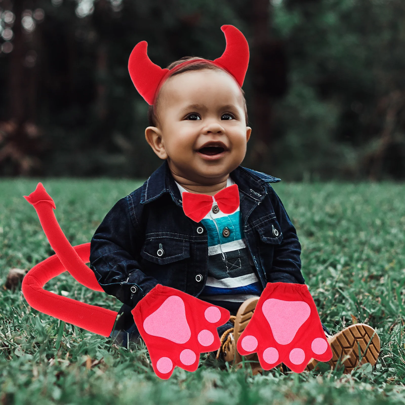 1 Juego de diadema con cuernos de diablo, conjunto de disfraz con pajarita y cola, accesorio de vestir para fiesta de Halloween, accesorios de Cosplay para cumpleaños