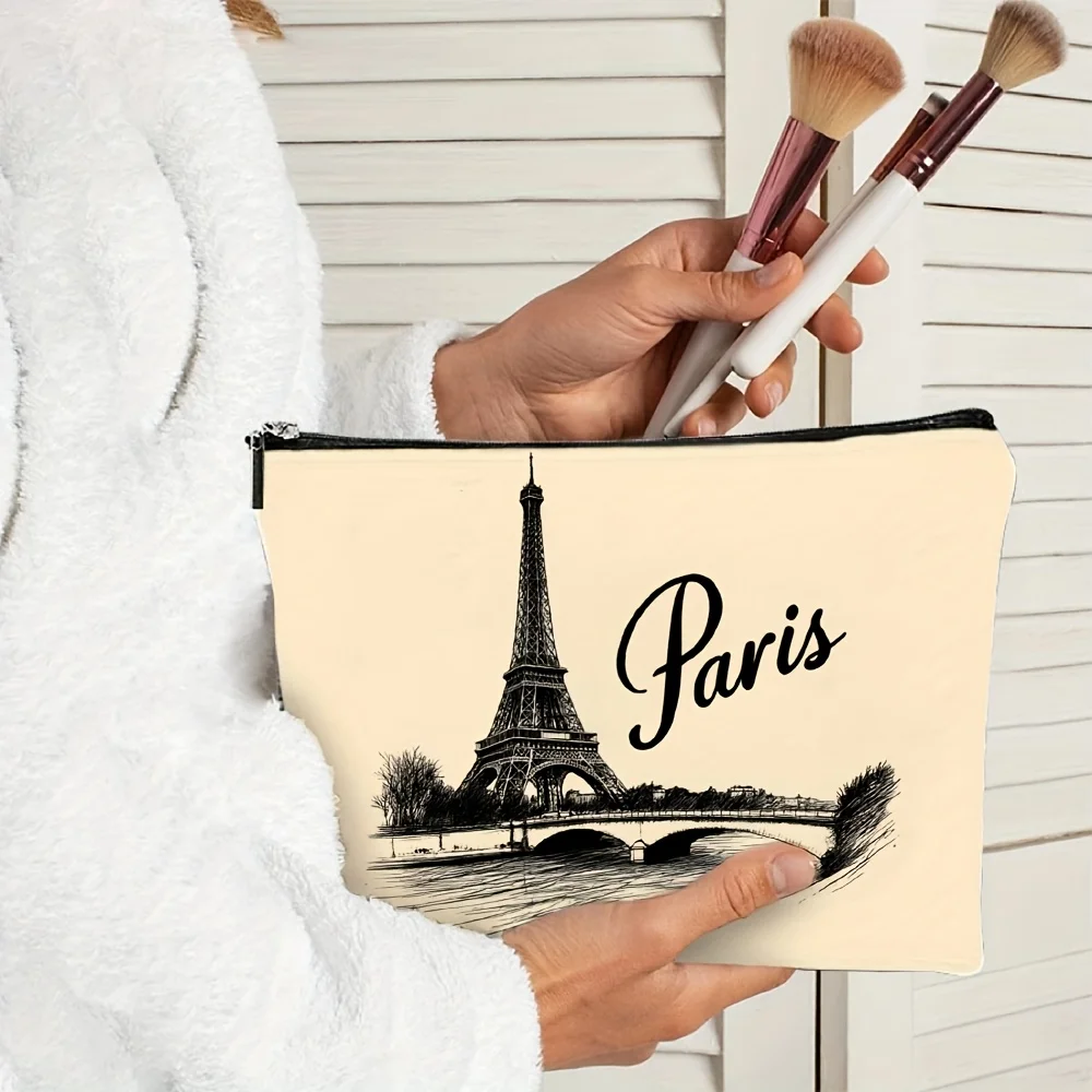 Un sac de maquillage imprimé sur le thème de Paris - pochette multifonctionnelle à fermeture éclair, sac de rangement de bijoux, petit sac de rangement à fermeture éclair de voyage parfait.