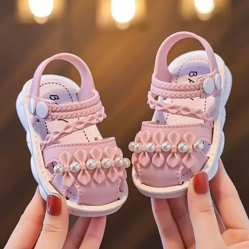 Sommer-Sandalen für Kleinkinder mit schönen Schleifen und Perlen, weiche Sohle, rutschfeste, lässige Strandschuhe für kleine Kinder – Detail 3