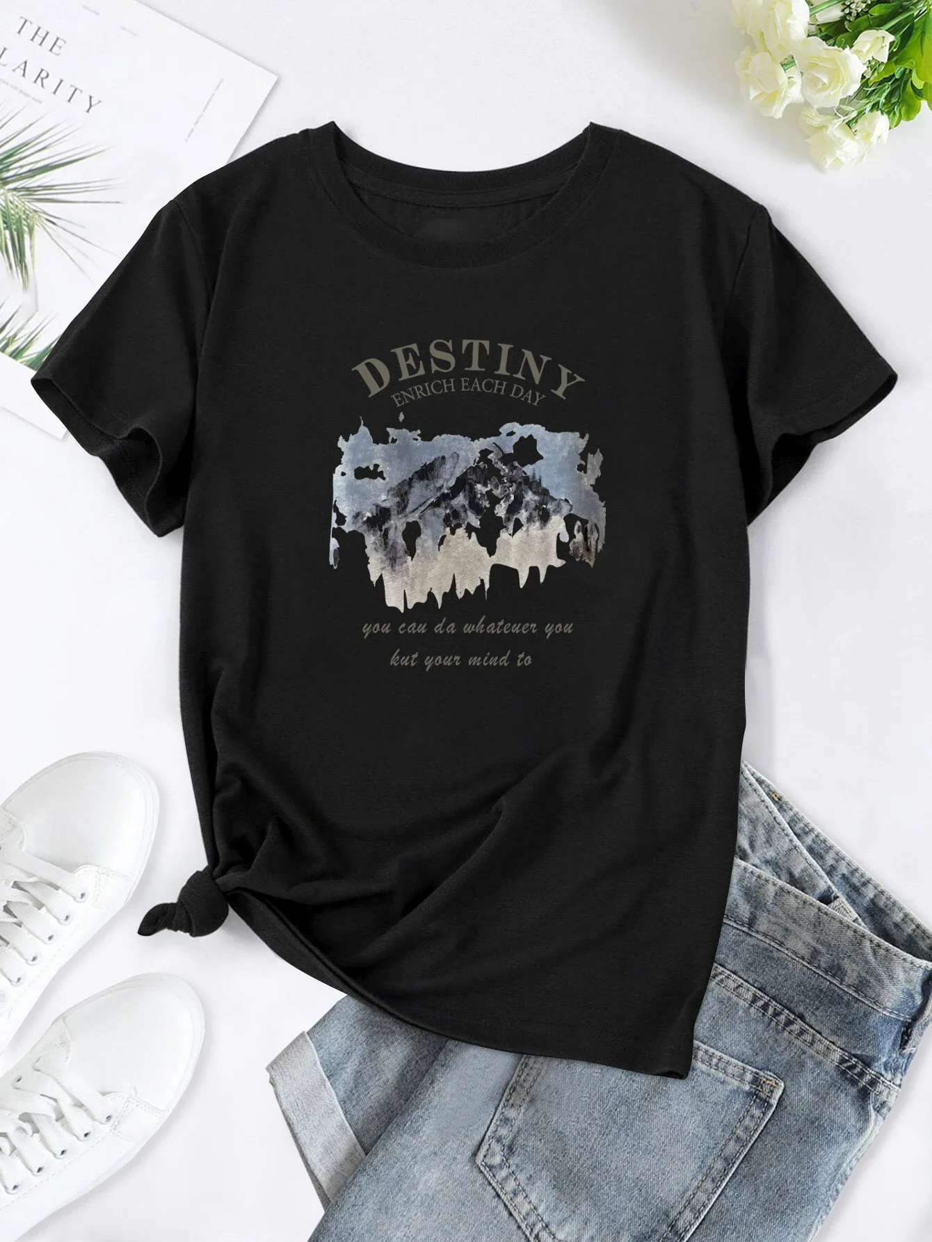 Fashion Summer T Shirt 'DESTINY ENRICH EACH DAY'Tee,Print Crew Neck T-shirt,Women's Casual Loose Short Sleeve  Tops