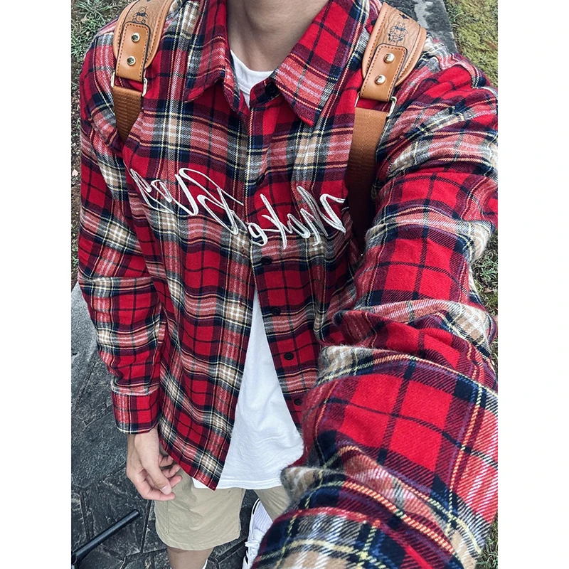 

Красная клетчатая рубашка с длинным рукавом для мужчин, весна-осень 2024, новая коллекция, американский уличный стиль, повседневная модная верхняя одежда