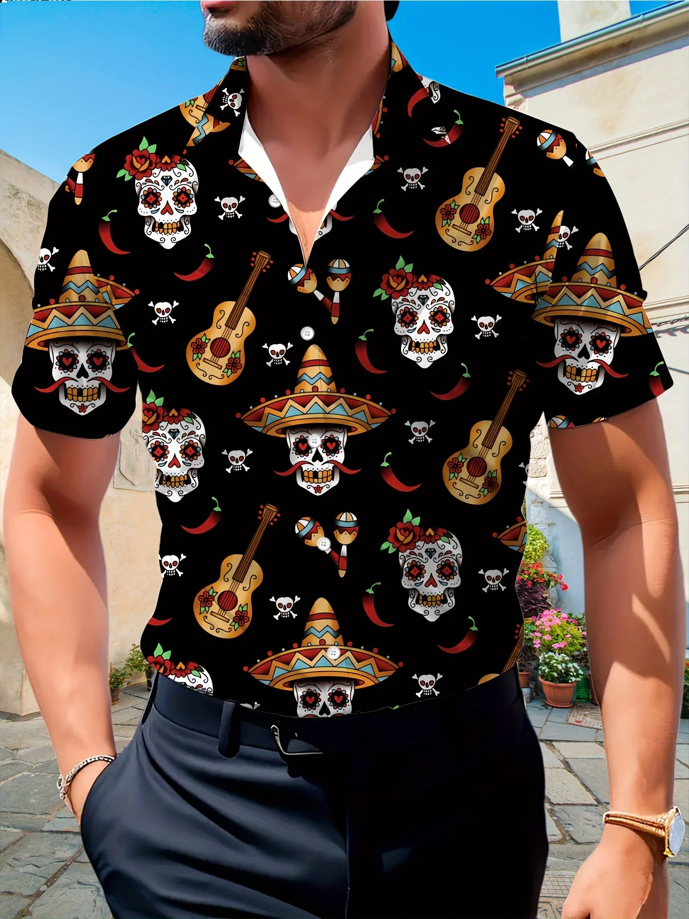 Men's Short Sleeve Shirt Halloween Mexican Skull Guitar Print Lapel Button Down Party Casual Mens Clothing