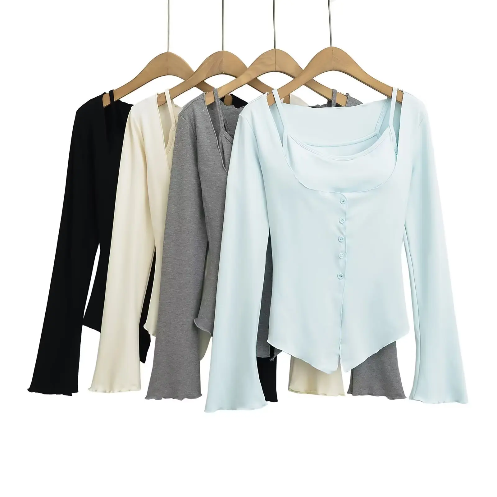 

UNIZERA Women's Sexy Chest Mat Strap Tank Top Stacked with Mushroom Edge Square Neck Long Sleeve Summer New cardigan
