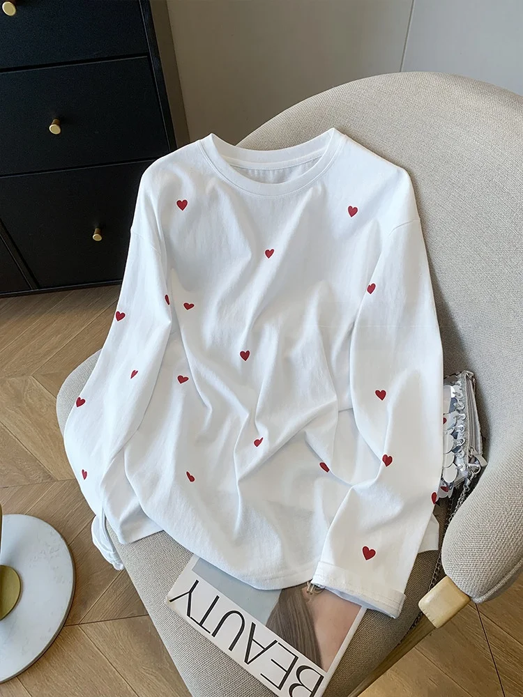 

White Heart Print Long Sve Loose T-irt Casual Sle Summer Season Ladies Faion Casual Wear Pear ape Body Fit round Ne