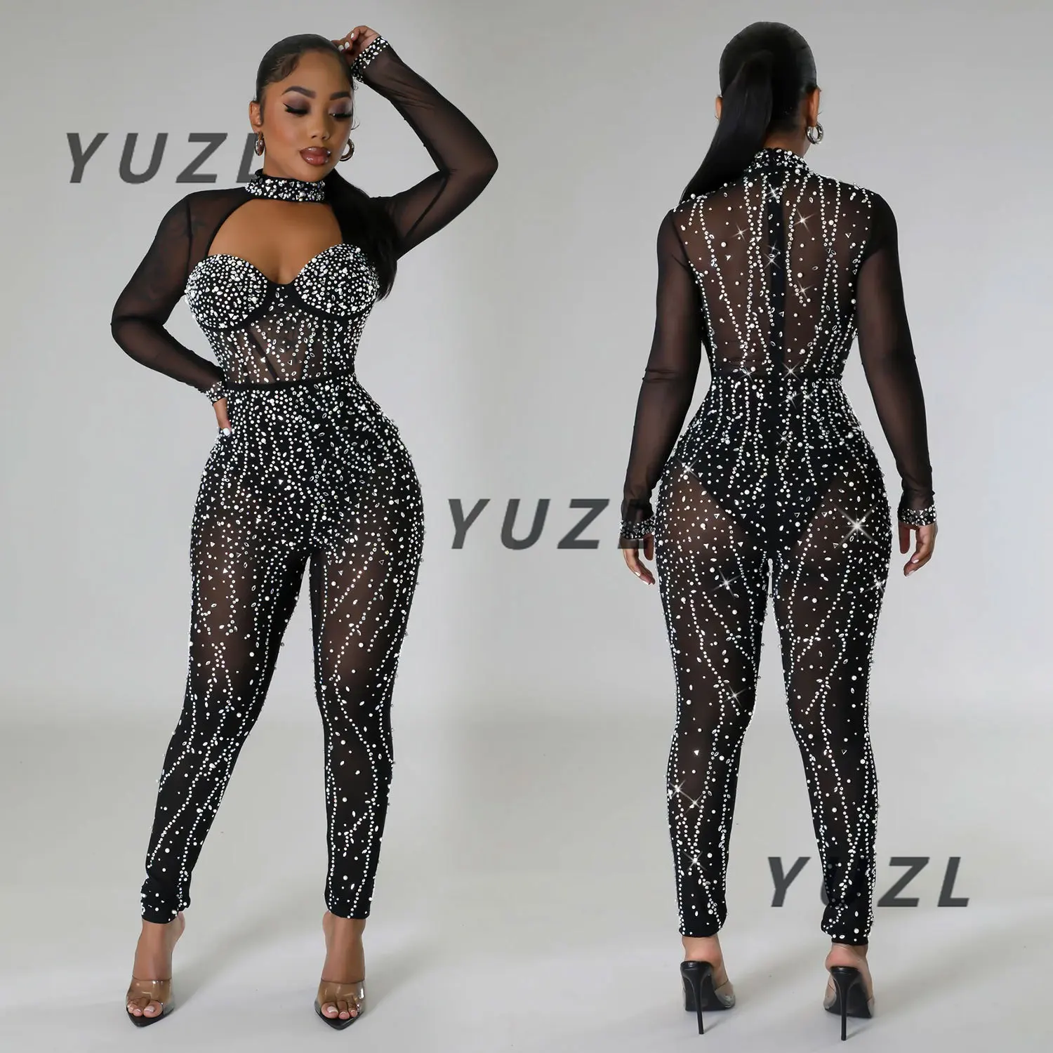 

C6788 European and American fashion women's clothing solid color mesh hot diamond long-sleeved trousers jumpsuit 2025 new