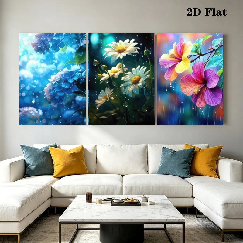 2D Flat, 3pcs Modern Boho Floral Wall Panels - Frameless Suitable for Living Room, Blue Hydrangea White Daisy Hibiscus Prints