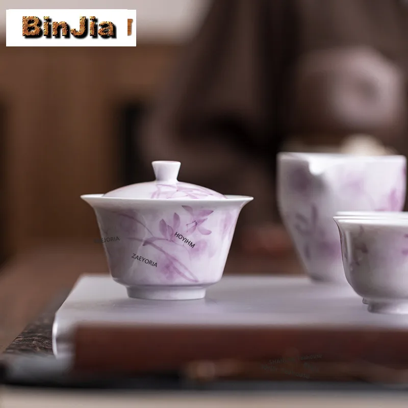 BAEJORIA 110ML Hand Drawn Purple Orchid Gaiwan Retro Tea Tureen Tea Bowl With Lid Kit Tea Brewing Cover Bowl Tea Services Craft