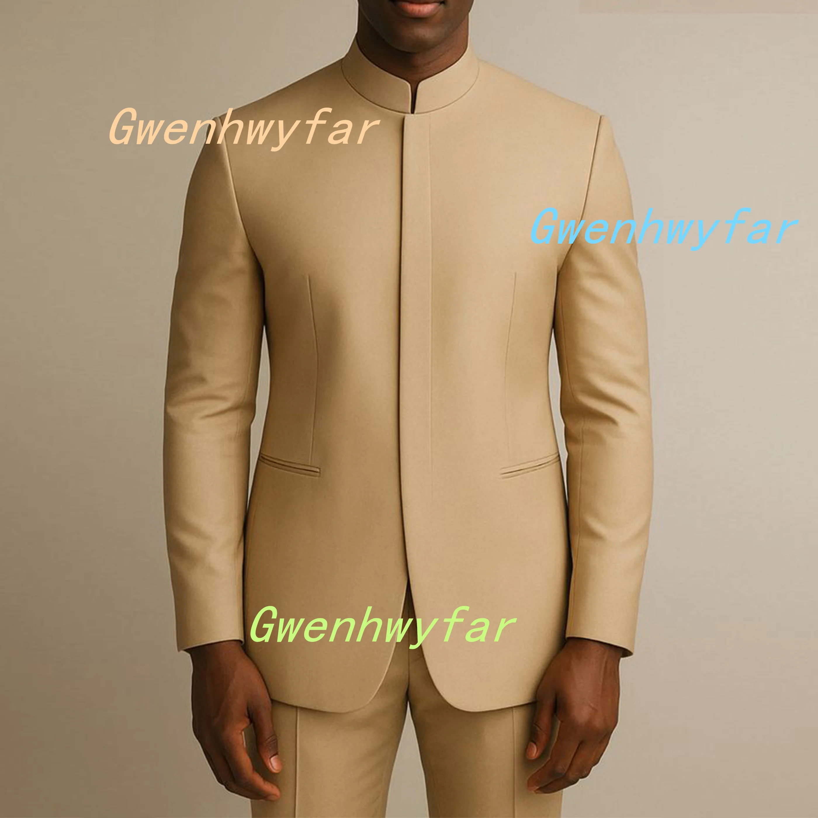 

Gwenhwyfar 23 осень/зима, новое пальто цвета хаки, брюки, мужской комплект, индивидуальный костюм с воротником-стойкой и невидимыми пуговицами в африканском стиле