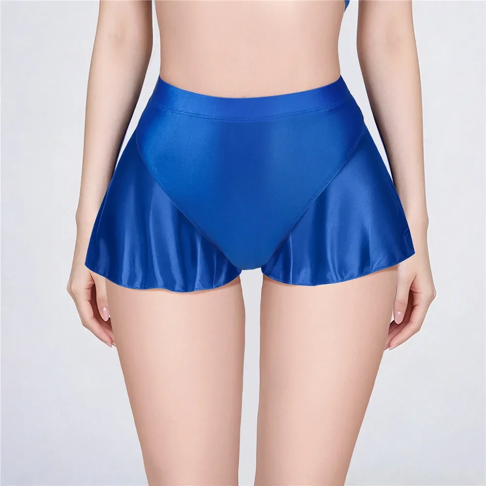 Women Plus Size Stain Smooth Elastic Skirt Briefs Oil Glossy Shiny Shaping Hot Short Fitness Flared Skirt Pants Candy Color