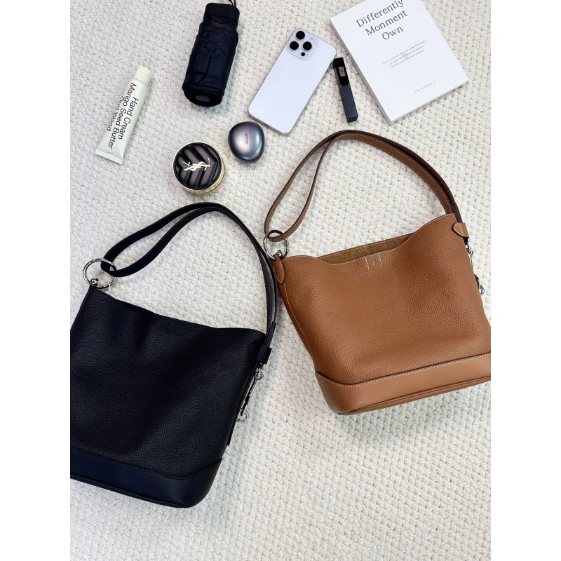 

Cowhide Leather Bucket Bag Large Capacity Fashion Commuter Shoulder Crossbody Women's Bag genuine leather Big the tote Party bag