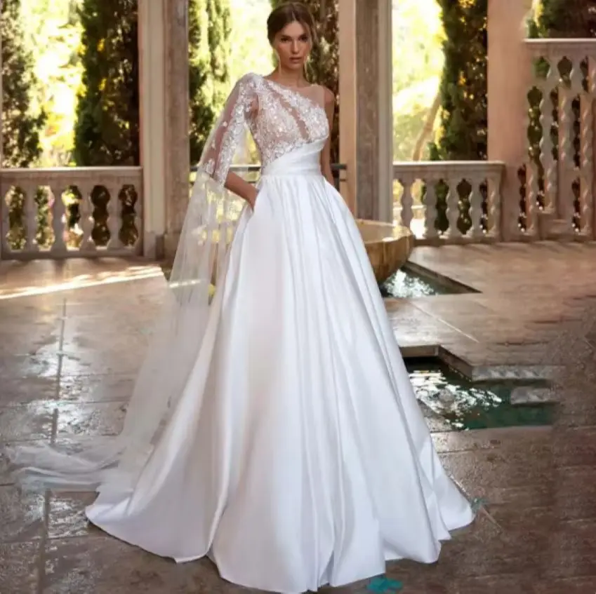 Cinta fita apliques um ombro vestido de noiva o pescoço vestido de novia bohemia a linha renda sem costas vestido de casamento com bolso