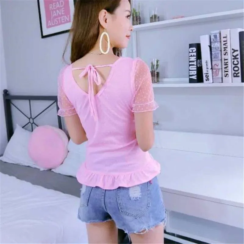 

Летняя женская блузка с бантом и цветочным кружевом, приталенная, из тонкой полиэстеровой ткани, модель KH87845