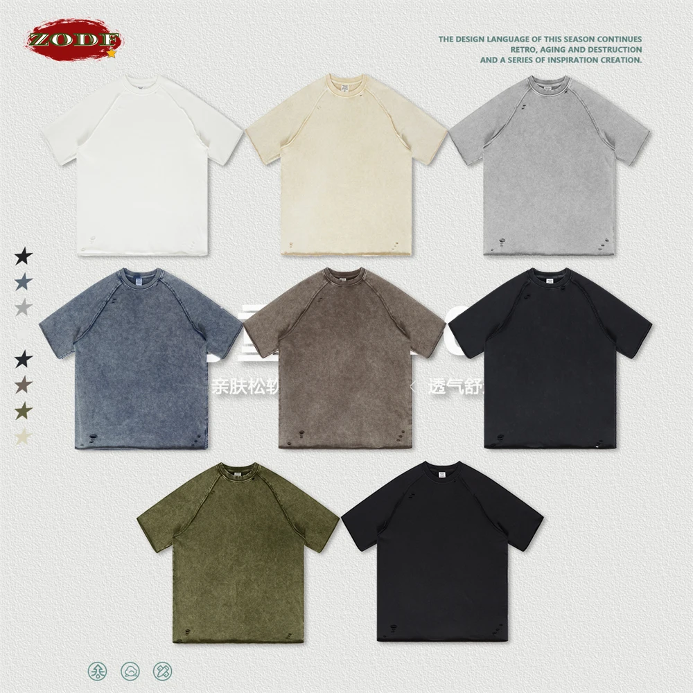 ZODF New Summer Men Washed Terry 320gsm T Shirts Unisex High Street Raglan Sleeve Distressed Holes T-Shirt Brand Tops HY0510